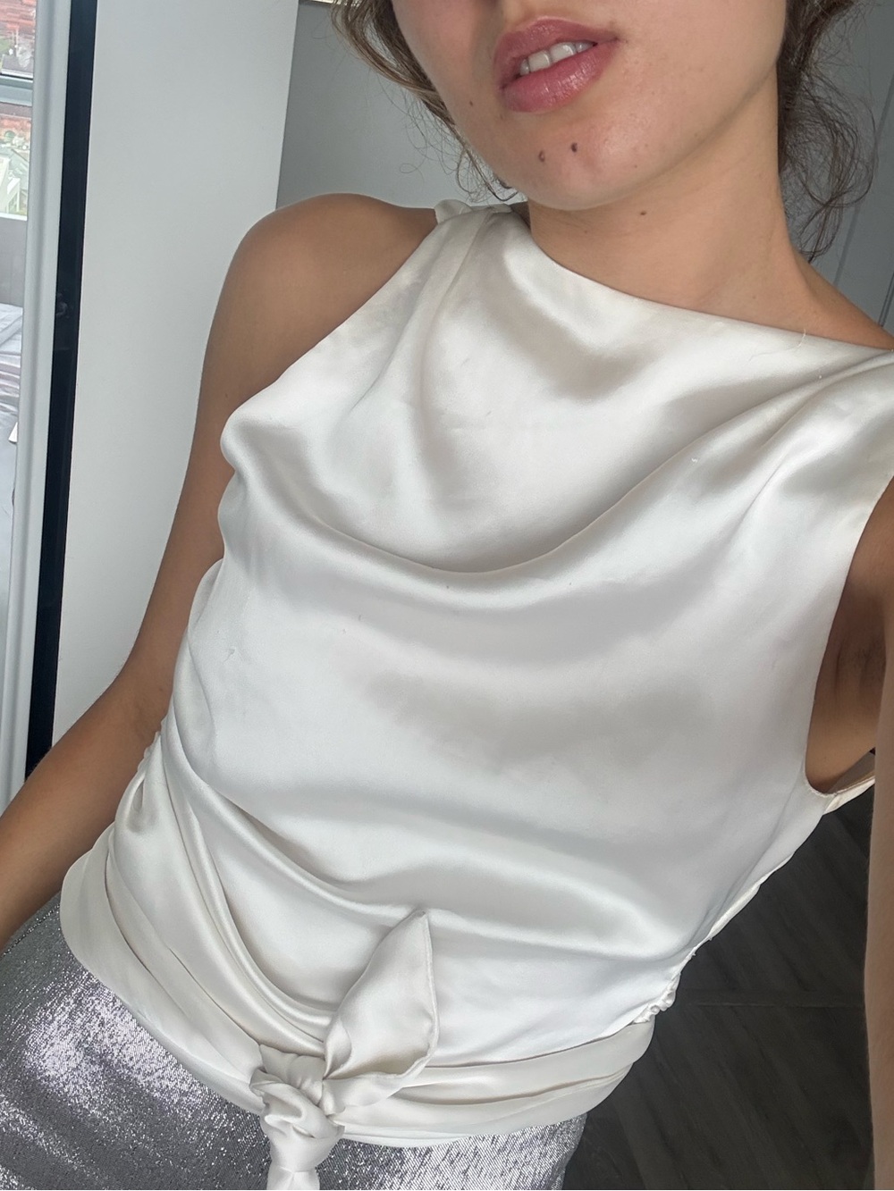 H&M Ivory Satin Cowl Neck Camisole with Waist Tie